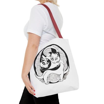 Cat Lovers Tote | Cats Yin Yang Style Grocery Bag | MEOW Chinese Print 2 Sided Office Carry All | School Supplies Kitten Carrier Tote