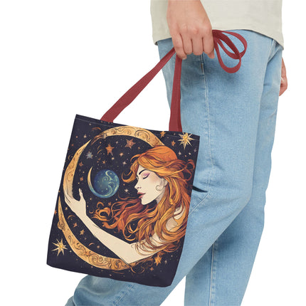 Moon Shaping Goddess Tote | Lunar Stars & Space Astronomy Grocery Bag | Woman Morphing Home Office Laptop Clothing Travel Overnight Gift
