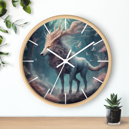 Majestic Myths Art Clock | Floral Flower Forest Horned Horse Wall Hanging | Mystical Maned Goat Fantasy Home Office Decor Gift