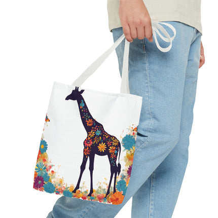 Giraffe Lovers Tote | Floral Safari Animal Grocery Bag | African Savanna Office Travel Carrier | Flower Collage Forest Cotton Traveler