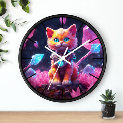 COSMIC CRYSTAL GUARDIAN CAT Wall Clock - Fantasy Feline Galaxy Decor