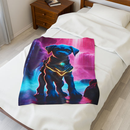 COSMIC NEON ARMORED WARRIOR PUPPY Blanket - Glowing Crystal Cavern Waterfall Dog Cover