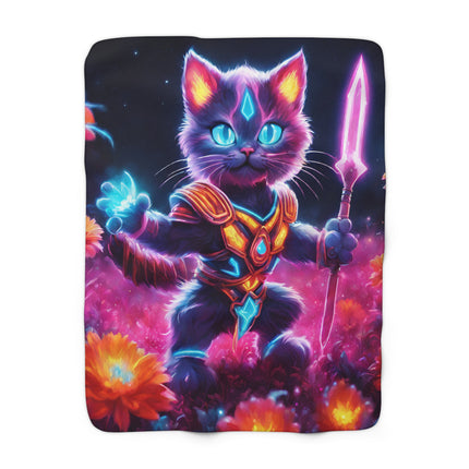 Neon Glowing Warrior Cat Blanket, Lush Flower Field Feline, Armored Kitten with Sword Plush Fleece Couch Sherpa, Kids Night Time Bed Cover