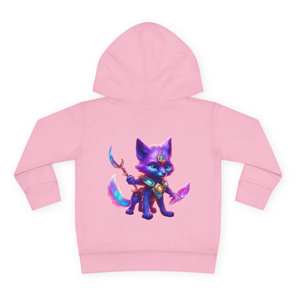 Neon Glowing Crystal Fox Toddler Girls Hoodie, Violet Blue Centaurian Cosmic Guardian Sweatshirt, Two Sided 2T 4T 5-6T Long Sleeve Hood