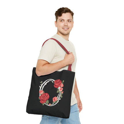 Custom Letter Personalized Tote | Rose Flowered Grocery Travel Bag | Floral Print Roses Office Laptop & Books or Exercise Overnight Carrier