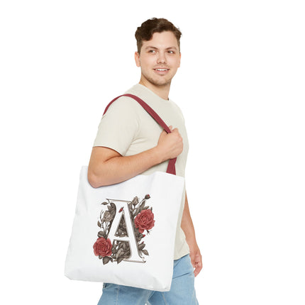 Custom Letter Personalized Tote | Rose Flowered Grocery Travel Bag | Floral Print Roses Office Laptop & Books or Exercise Overnight Carrier