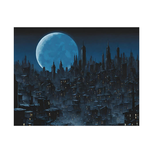 Wall Decor | Dark City Of The Night Poster | Blue Moon Darkness Falls Art | Gothic Lunar Moonlight Skyline | Living Room or Office Decor