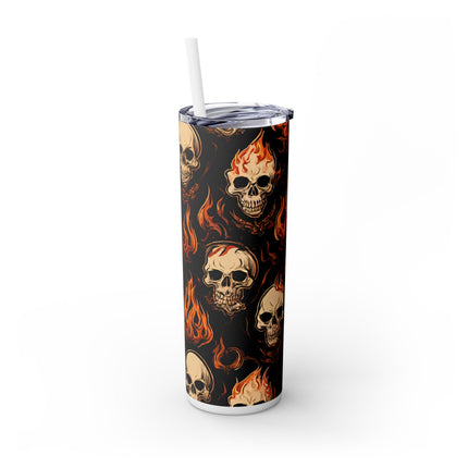FIRE FLAMES AND SKULLS Skinny Tumbler - Skeleton Biker Motorcycle Insulated Cup