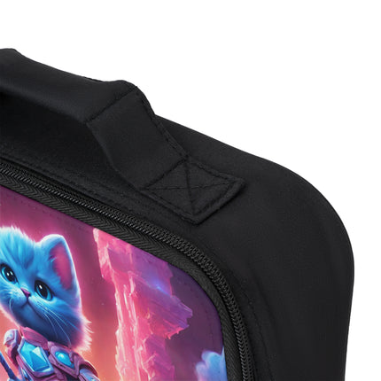 Neon Aqua Blue Warrior Cat Lunch Bag Box, Lush Crystal Tower Cloud Cliffs Feline School Tote, Armored Cosmic Furry Kitten Insulated Bag