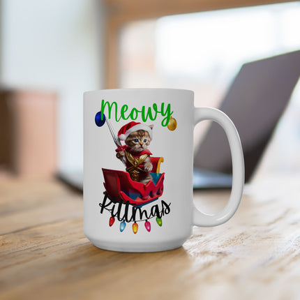 Kitten Christmas Mug, Cat Warrior Coffee Cup, Cute Cat Lover Holiday Season Ceramic Mug 15oz