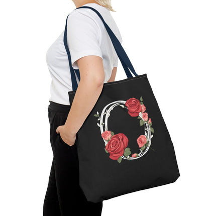 Custom Letter Personalized Tote | Rose Flowered Grocery Travel Bag | Floral Print Roses Office Laptop & Books or Exercise Overnight Carrier