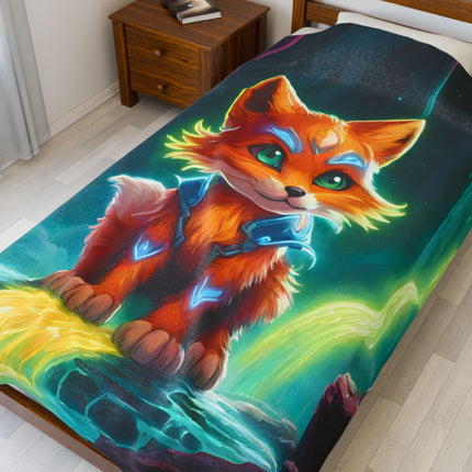 Crystal Fox Guardian Kids Blanket, Glowing Waterfall Cave Plush Throw Cover, Neon Mystic Cavern, Armored Fox Bedroom Twin Cover