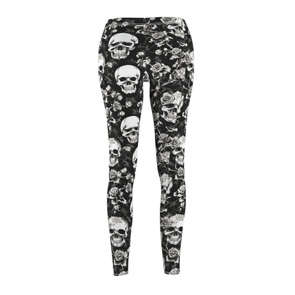 Skull and Flowers Skinny Leggings, Womens Bone Flower Garden Lounge Tights, Flowered Design Skeleton Black and White Pants