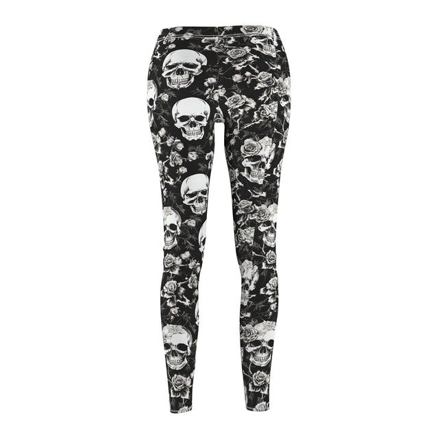 Skull and Flowers Skinny Leggings, Womens Bone Flower Garden Lounge Tights, Flowered Design Skeleton Black and White Pants