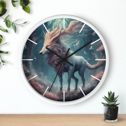 Majestic Myths Art Clock | Floral Flower Forest Horned Horse Wall Hanging | Mystical Maned Goat Fantasy Home Office Decor Gift