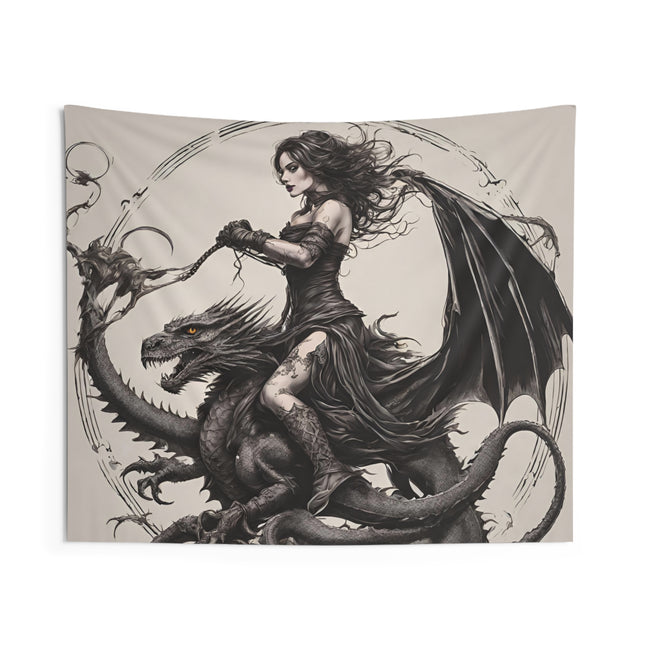 Dragon Gothic Beauty Rider Tapestry, Gorgeous Woman Medieval Beast Wall Hanging, Dragon Keeper Art Decor