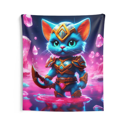 Warrior Cat Crystal Art Tapestry, Blue Armored Kitten Water Cavern Wall Hanging, Pink Glowing Stone Cave Mystical Bed & Game Room Gift