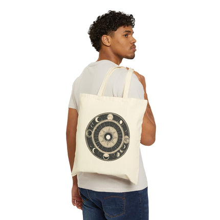 Moon Phases Canvas Tote, Wheel of the Year Holiday Pagan Bag, Grocery Shopping Eclipse Astrology Cotton Carrier, Wiccan Traveler
