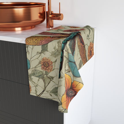 Floral Dragonfly Hand Towel | Flower Pattern Flying Insect Decor | Bathroom Accent Drying Cloth | Spring & Summer Dragon Fly Polyester Gift