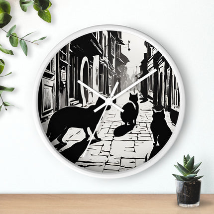 CAT TOWN ALLEYWAY Wall Clock - Vintage Cobblestone Street Cat Decor