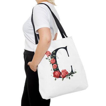 Custom Letter Personalized Tote | Rose Flowered Grocery Travel Bag | Floral Print Roses Office Laptop & Books or Exercise Overnight Carrier