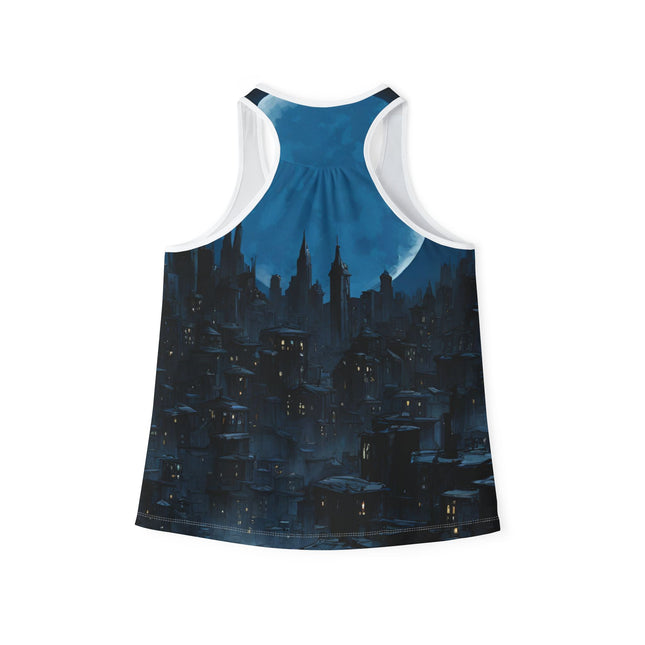 City Night Time Skyline Womens Tanks | Blue Moon Sky Sleeveless Top | Girls Weekend Bedtime Lounge Tank Shirt | Comfort Workout Relax Gift