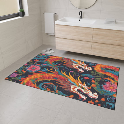 Japanese Dragons Floral Heavy Duty Floor Mat | Flower Pattern Twin Serpent Bathroom Decor | Entryway Flowered Chinese Dragon Lover Gift