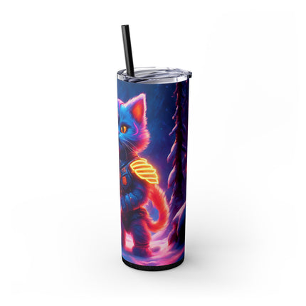 COSMIC NEON WARRIOR CAT Skinny Tumbler - Pink Glowing Sword Snow Kitten Cup