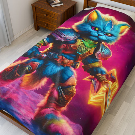 Rainbow Neon Warrior Cat Blanket, Glowing Feline Couch Throw, Armored Fighter Kitten Bed Cover, Awesome Kid or Adult Gift Bedroom Cover