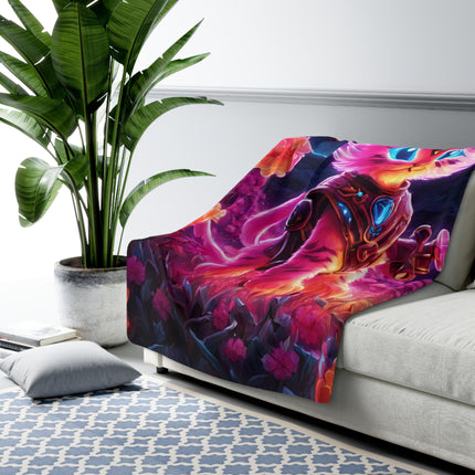 Neon Glowing Warrior Cat Blanket, Lush Flower Field Feline, Armored Kitten with Sword Plush Fleece Couch Sherpa, Kids Night Time Bed Cover