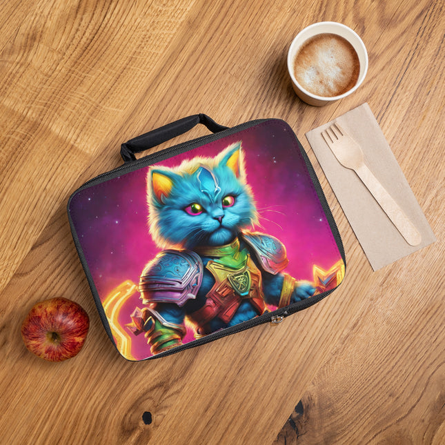 Neon Blue Fur Warrior Cat Lunch Bag Box, Boys and Girls Lush Starry Pink Sky Feline School Tote, Armored Cosmic Furry Kitten Insulated Bag