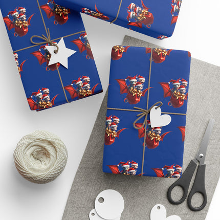 Christmas Wrapping Paper, BLUE, Dragon Gift Wrap, Red Holiday Paper, Flying Dragon Presents, Holiday Gift Wrap Roll