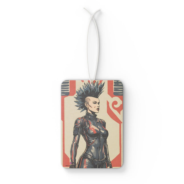 Futuristic Rebel Mohawk Girl Car Air Freshener, Leather Clad Sexy Woman Scented Gift, Neo Future Cyber Punk Outlaw Truck Auto Accessory