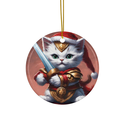 Kitten Christmas Ornament, Holiday Tree Decoration, Adorable Cat Gift, Round Ceramic Keepsake, KITTEN WARRIOR