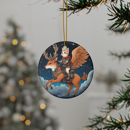 PERSONALIZED Flying Fantasy Christmas Winged Cat and Mechanical Reindeer Ornament