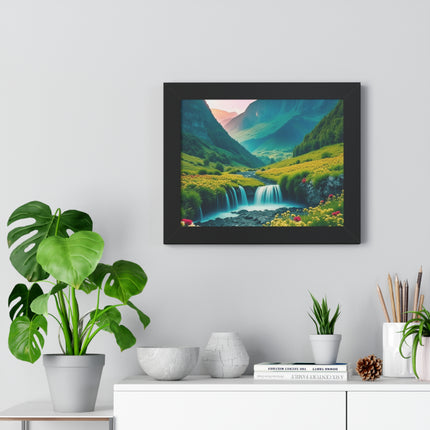 Beautiful Mountain Valley Framed Poster, Waterfall Nature Scene Picture, Flower Blossom Spring Wall Hanging, Flowing River Office Scenery