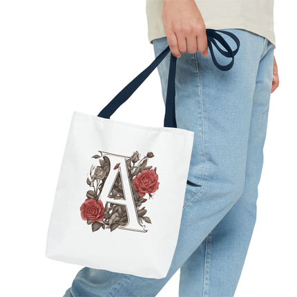 Custom Letter Personalized Tote | Rose Flowered Grocery Travel Bag | Floral Print Roses Office Laptop & Books or Exercise Overnight Carrier