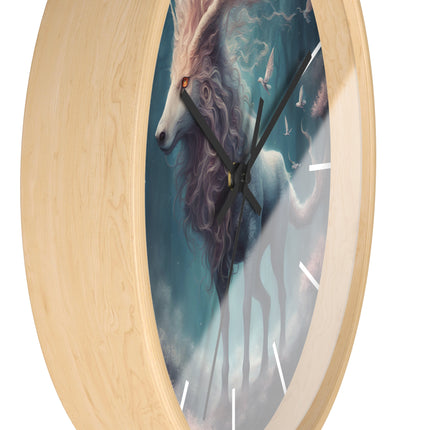 Majestic Myths Art Clock | Floral Flower Forest Horned Horse Wall Hanging | Mystical Maned Goat Fantasy Home Office Decor Gift