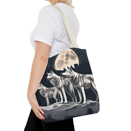 Moon Wolves Tote | Night Sky Mountain Wolf Pack Grocery Bag | Laptop & Book Carrier | Home Office Wooded Wild Dogs Travel Overnight Gift