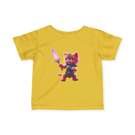 Warrior Cat Infant Gift Shirt, Glowing Sword Orange Kitten Tee, Cute Armor Kitty Short Sleeve Baby Tshirt