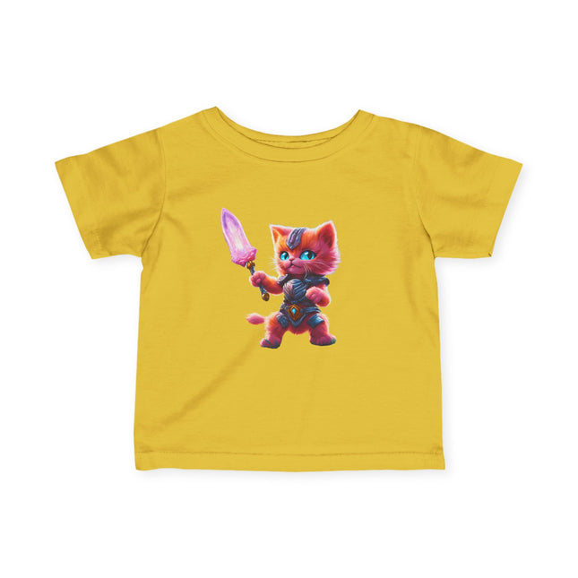 Warrior Cat Infant Gift Shirt, Glowing Sword Orange Kitten Tee, Cute Armor Kitty Short Sleeve Baby Tshirt