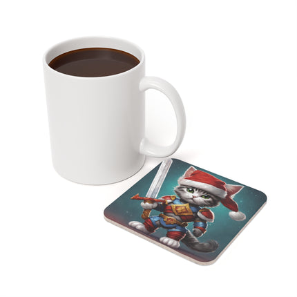 Christmas Drink Coaster Kitten Drink Holder Santa Warrior Kitten Snow Sled Cat Lover Cork Coaster