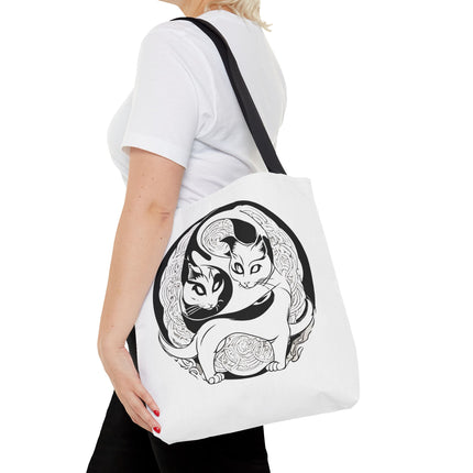 Cat Lovers Tote | Cats Yin Yang Style Grocery Bag | MEOW Chinese Print 2 Sided Office Carry All | School Supplies Kitten Carrier Tote