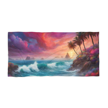 Majestic Sky Hidden Island Seashore Beach Towel | Mystic Ocean Getaway Swimming Pool Blanket | Poolside Sand & Water Deck Tanning Sunbather