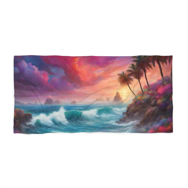 Majestic Sky Hidden Island Seashore Beach Towel | Mystic Ocean Getaway Swimming Pool Blanket | Poolside Sand & Water Deck Tanning Sunbather