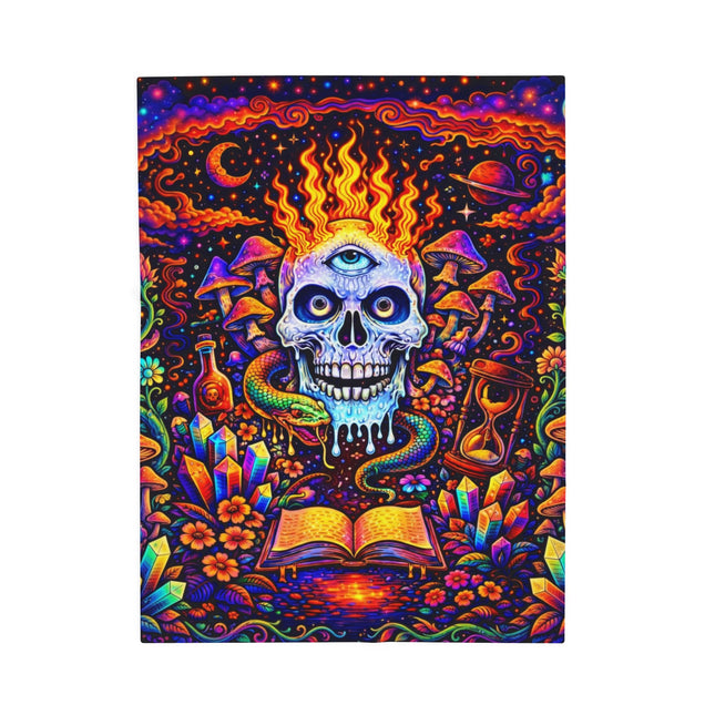 PSYCHEDELIC MIND'S EYE FLAMING BLUE SKULL Trippy Mushroom Blanket