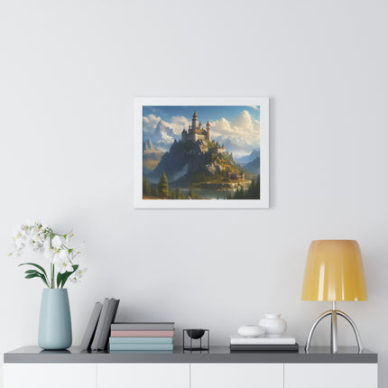 Video Game Fantasy Castle, RPG Valley Framed Poster, Mountain Nature Scene Picture, Open World Style Wall Hanging, Gamer Office Scenery