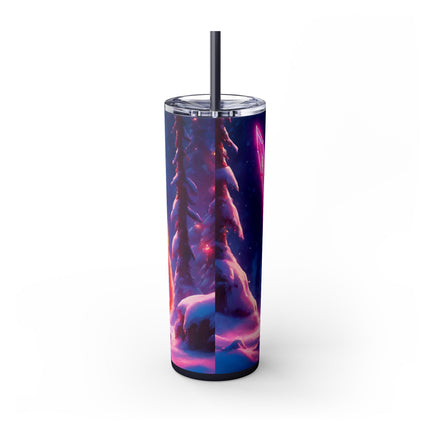 COSMIC NEON WARRIOR CAT Skinny Tumbler - Pink Glowing Sword Snow Kitten Cup