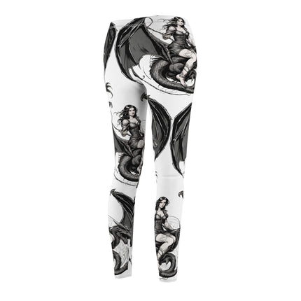 Women's Goth Medieval Dragon Casual Leggings, Reptile Riding Beauty Elastic Bottoms, Tight Black and White Pants