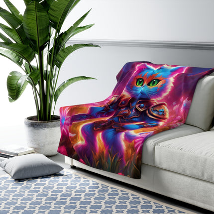 Neon Glowing Warrior Cat Blanket, Lush Flower Field Feline, Armored Kitten with Sword Plush Fleece Couch Sherpa, Kids Night Time Bed Cover